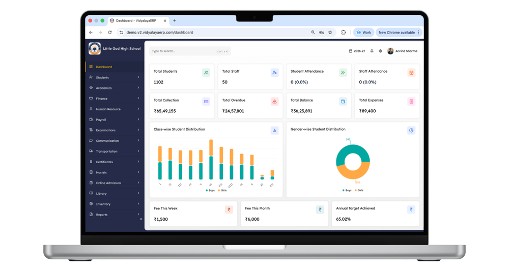 Admin Dashboard view on VidyalayaERP web portal