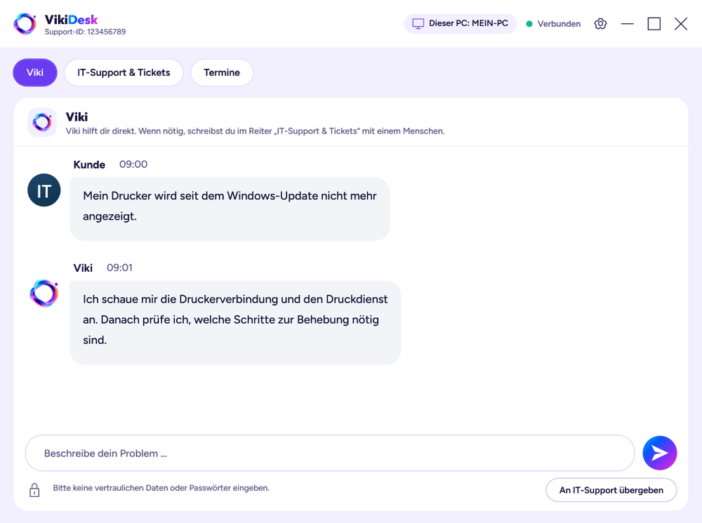VikiDesk desktop chat interface showing a German support conversation about a printer no longer appearing after a Windows update, with navigation for Viki, IT support tickets, and appointments.