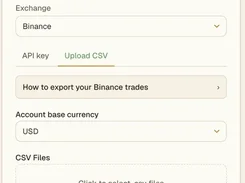 Add Exchange Account form with account-name and exchange fields, API key and Upload CSV tabs, base-currency selector, CSV upload area, and Upload Trades button.