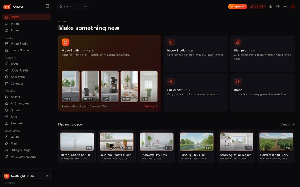 VIMO home dashboard in a dark interface with Video Studio, Image Studio, Blog post, Social post, and Brand creation cards, plus recent video projects.