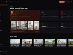 VIMO home dashboard in a dark interface with Video Studio, Image Studio, Blog post, Social post, and Brand creation cards, plus recent video projects.