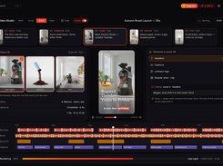 VIMO Video Studio build workspace with scene cards, three generated takes, a vertical video preview, editing controls, and a multitrack timeline.