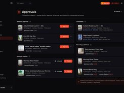 VIMO Approvals dashboard with content awaiting approval, scheduled posts, ready-to-publish items, and recently published social posts.