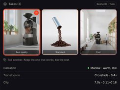 VIMO scene-take selector displaying three vertical coffee-roaster visual options labeled Best quality, Standard, and Fast, with narration and transition settings.