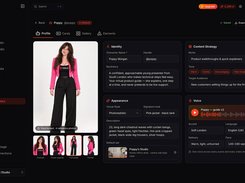 VIMO AI Characters profile editor for “Poppy Morgan,” showing a photorealistic character image, reference images, identity fields, appearance settings, content strategy, and voice settings.