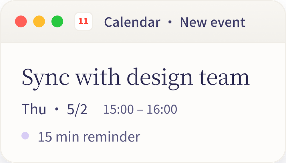 Calendar new-event window for “Sync with design team” on Thursday 5/2 from 15:00 to 16:00, with a 15-minute reminder.