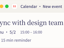 Calendar new-event window for “Sync with design team” on Thursday 5/2 from 15:00 to 16:00, with a 15-minute reminder.