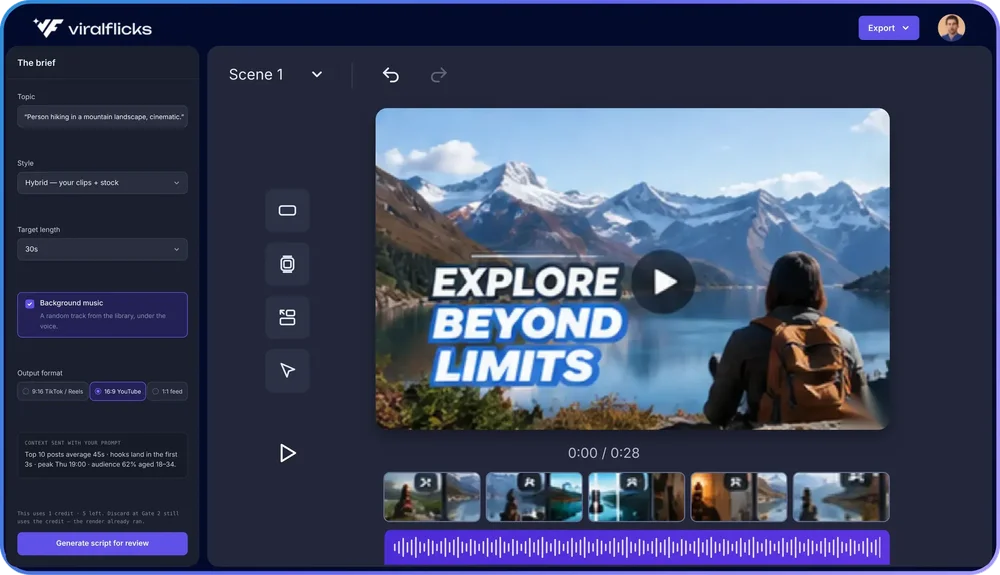 Viralflicks video-creation editor showing a brief panel, scene controls, a mountain-video preview reading "EXPLORE BEYOND LIMITS," clip thumbnails, and an audio waveform.