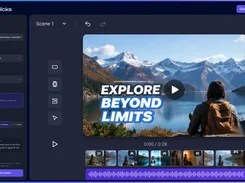 Viralflicks video-creation editor showing a brief panel, scene controls, a mountain-video preview reading "EXPLORE BEYOND LIMITS," clip thumbnails, and an audio waveform.
