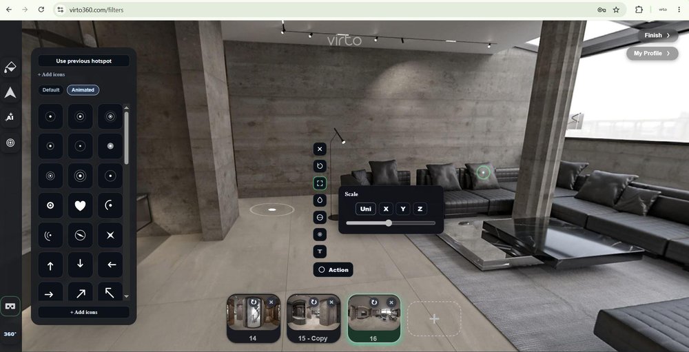  Virtual Tour Editor Upload 360 photos and build interactive walkthroughs in your browser.
