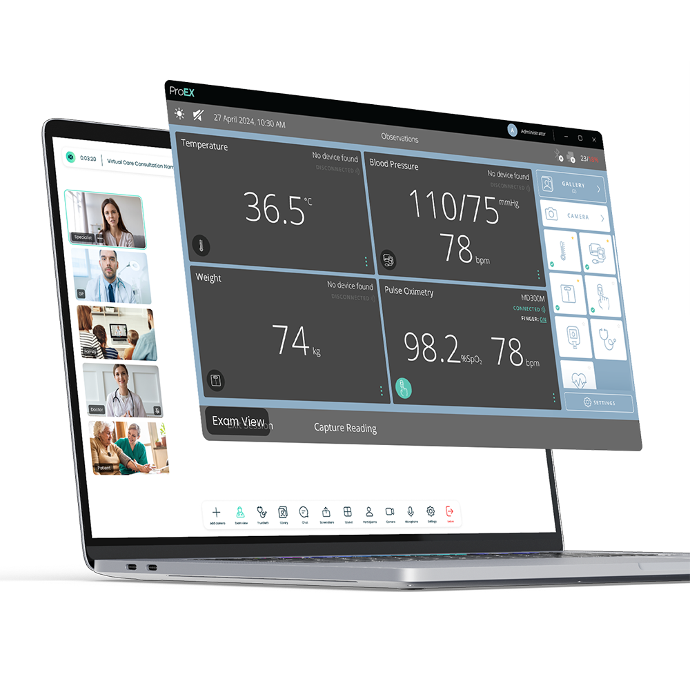 Clinical observations dashboard showing temperature, blood pressure, weight, pulse oximetry, and consultation tiles.