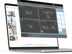Clinical observations dashboard showing temperature, blood pressure, weight, pulse oximetry, and consultation tiles.