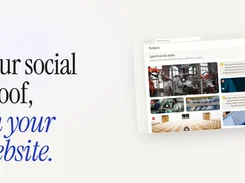 Promotional graphic reading “Your social proof, on your website.” beside a browser-window mockup showing a website with video and review cards.