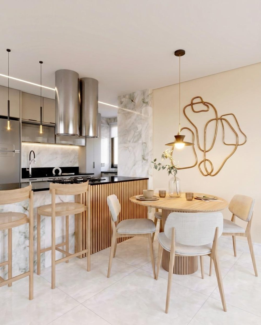 Photorealistic rendering of an open kitchen and dining area with a marble island, round dining table, and pendant lights.