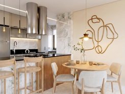 Photorealistic rendering of an open kitchen and dining area with a marble island, round dining table, and pendant lights.