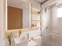 Photorealistic architectural rendering of a compact bathroom with a vanity, toilet, mirrored cabinet, and glass shower enclosure.