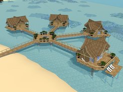 Non-photorealistic architectural visualization of overwater bungalows connected by walkways near a beach and green island.