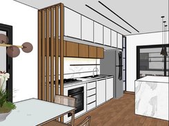 Non-photorealistic architectural visualization of a kitchen with white cabinetry, wood slats, a refrigerator, dining table, and marble island.