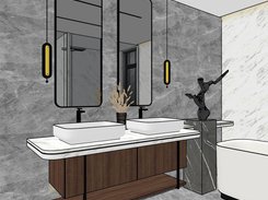 Non-photorealistic architectural visualization of a bathroom with double vessel sinks, tall mirrors, pendant lights, and a freestanding bathtub.