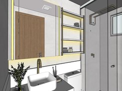 Non-photorealistic architectural visualization of a bathroom with a sink, mirror cabinet, toilet, and glass shower.