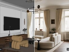 SketchUp view (left) and Vizbase render (right), renovation project in Riga. Design: Alise Jēkabsone. Render: Vizbase