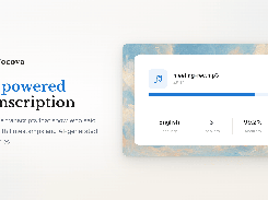 AI-powered transcription in action: an audio file being processed with real-time progress, displaying detected language (English), number of speakers (3), and transcription accuracy (99.2%).