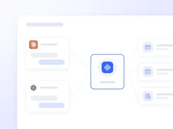 A blue audio-wave icon in a central panel is connected by dotted lines to illustrated cards with Zapier, OpenAI, calendar, code, and document icons.