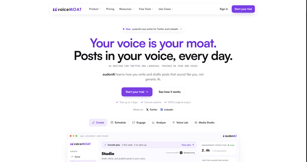 VoiceMOAT: AI writing tool for Twitter and LinkedIn, homepage.