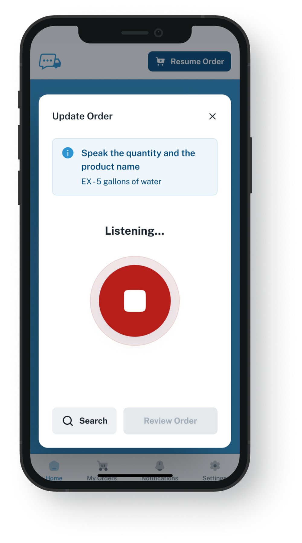 Mobile app screen showing an “Update Order” dialog with voice-order instructions, a “Listening...” status, and a red stop button.