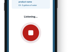 Mobile app screen showing an “Update Order” dialog with voice-order instructions, a “Listening...” status, and a red stop button.