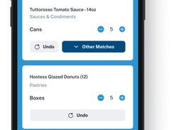 Mobile app order screen listing food products, quantities with plus and minus controls, undo buttons, and a Place Order button.
