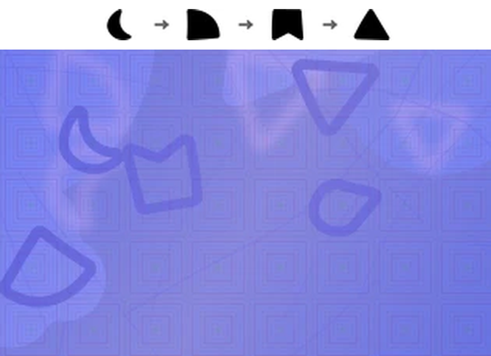 CAPTCHA challenge image showing a sequence of black shapes with arrows at the top and several hand-drawn purple shapes over a patterned blue background.