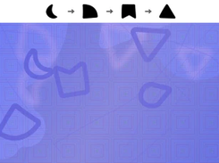 CAPTCHA challenge image showing a sequence of black shapes with arrows at the top and several hand-drawn purple shapes over a patterned blue background.