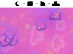 CAPTCHA challenge image showing a sequence of black shapes with arrows at the top and overlapping hand-drawn shapes and numbers over a pink patterned background.