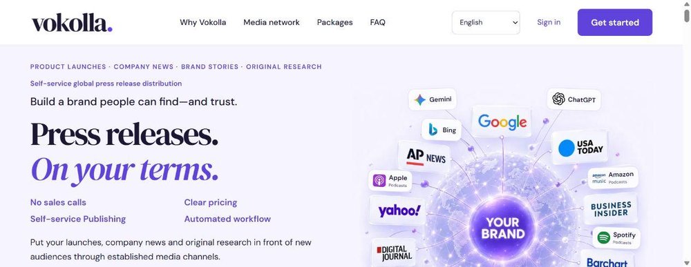 Vokolla overview: self-service press release distribution for businesses and brands. Public homepage; the network illustration is illustrative, not an endorsement or inclusion in every package.