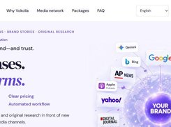 Vokolla overview: self-service press release distribution for businesses and brands. Public homepage; the network illustration is illustrative, not an endorsement or inclusion in every package.