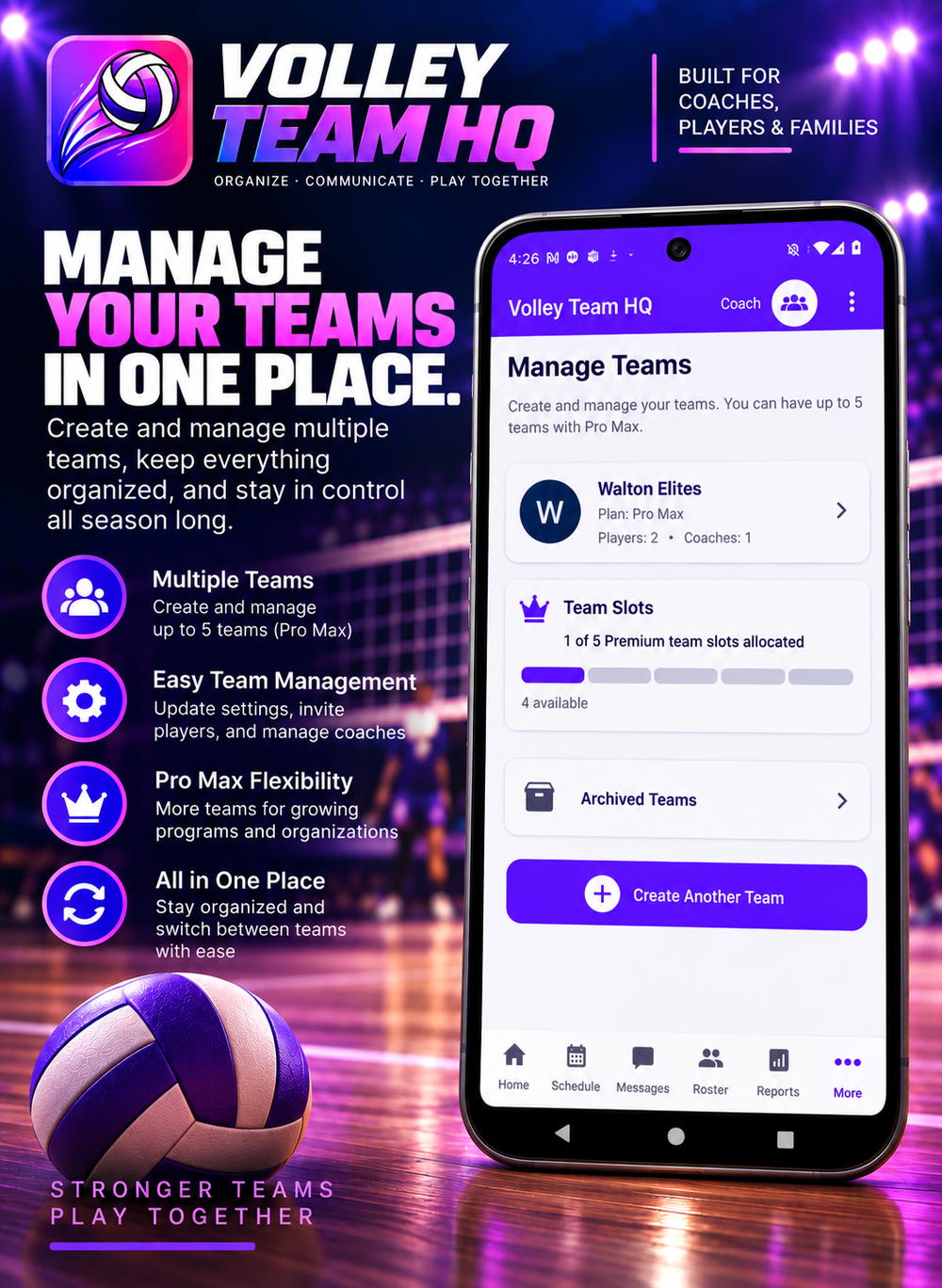 Phone mockup showing the Volley Team HQ Manage Teams screen with a team card, team-slot allocation, archived teams, and a create-team button.