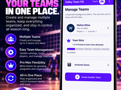 Phone mockup showing the Volley Team HQ Manage Teams screen with a team card, team-slot allocation, archived teams, and a create-team button.