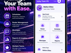 Phone mockup showing the Volley Team HQ home dashboard with the Walton Elites team, a team code, next-event details, and shortcuts for roster, schedule, messages, and reports.