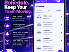 Phone mockup showing the Volley Team HQ schedule with upcoming practices and tournaments, dates, times, and venues.