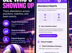 Phone mockup showing Volley Team HQ attendance reports, including roster and event counts, CSV export, and season insights.