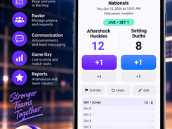 Phone mockup showing Volley Team HQ live scoring for a volleyball match, with team names, a 12–8 score, scoring controls, and set results.