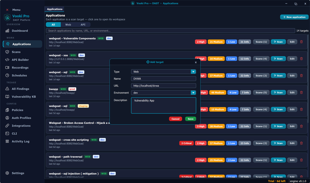 Vooki Pro Applications page listing web scan targets, severity counts, and an Add target dialog.