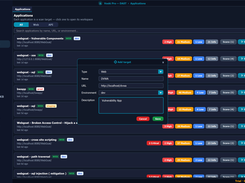 Vooki Pro Applications page listing web scan targets, severity counts, and an Add target dialog.
