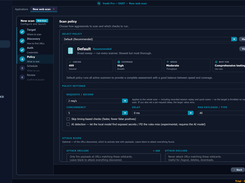 Vooki Pro new web scan wizard on the Policy step with default policy coverage and request settings.