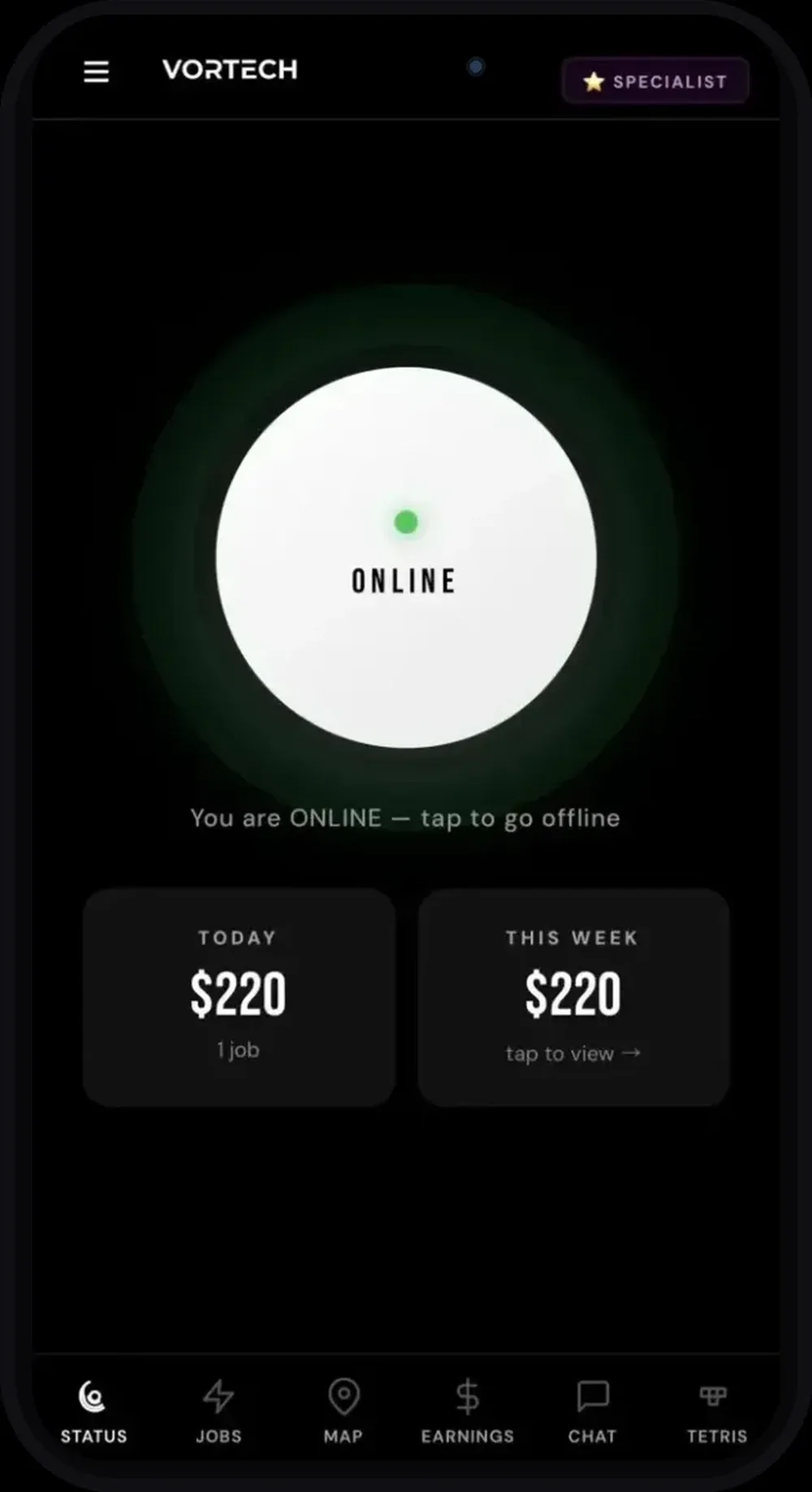 Vortech mobile app status screen showing an Online toggle and today and weekly earnings of $220.