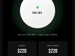 Vortech mobile app status screen showing an Online toggle and today and weekly earnings of $220.