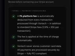 Vortech mobile app modal titled Connect Stripe, listing payment-processing terms and an Agree & Connect button.