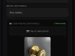 Vortech job-completion form showing total collected, material-cost deduction, net total, optional notes, a photo of a door lock, and Submit & Complete button.