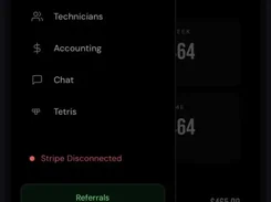 Vortech manager app with an open side menu listing Dashboard, Dispatch, Live Map, Technicians, Accounting, Chat, Tetris, billing, help, and sign-out options.